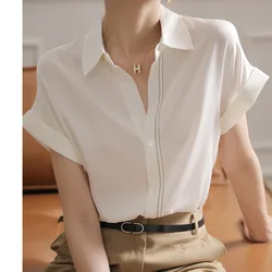 White Silk Shirts Women 2024 Spring New Short-sleeved Loose Silk Tops With High Short Temperament And High Quality Silk T-shirt