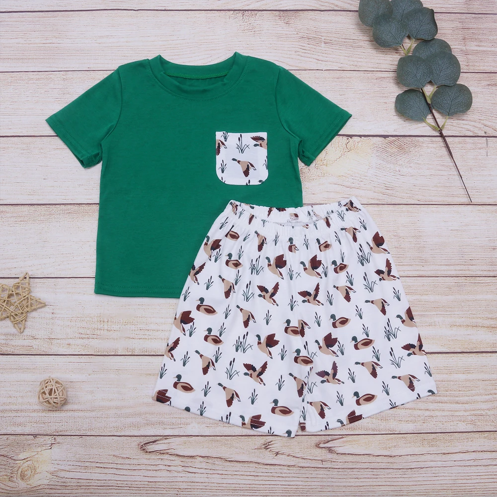 Baby Boy Clothes Boy Set Kids Clothes Boys Clothing Two Piece Cute White Pocket Green T-Shirt Duck Patterns Shorts Boy Clothes