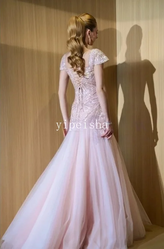 Customized Blush Pink Square Neck  Evening Dress Short Cap Sleeves Heavy Beaded  Length Prom Gown Wedding  Women Maxi Dress