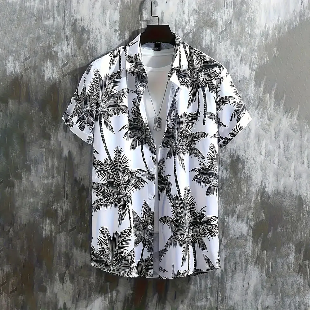 

Men Simple Shirt Fashion Coconut Tree Print Short Sleeve Shirt Hawaii Vacation Casual Shirt Men Large Size Lapel Button Up Top