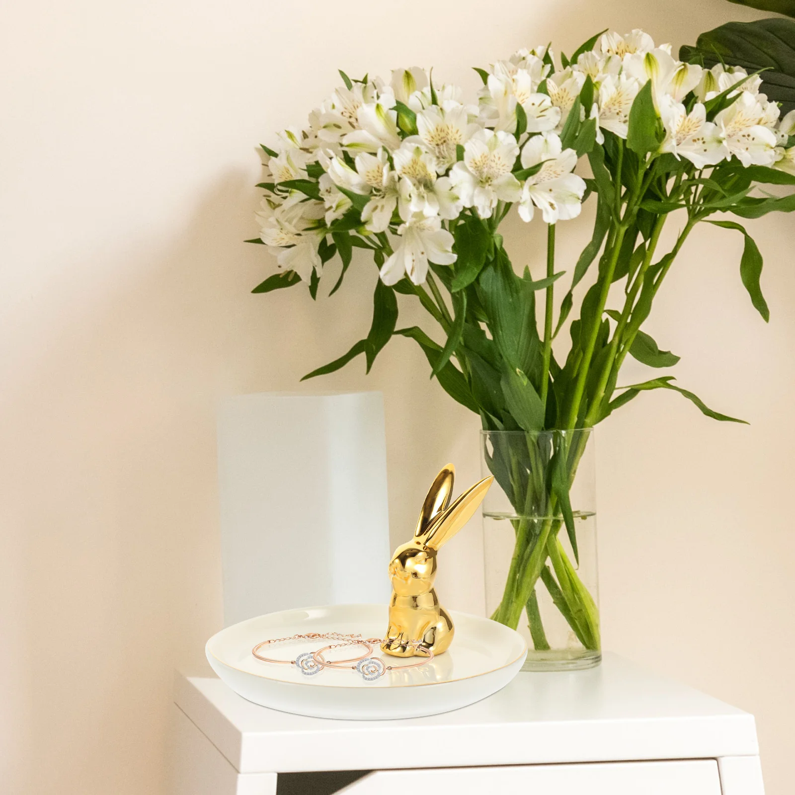 Gold Rabbit Jewelry Tray Creative Ceramic Jewelry Holder Desktop Organizer Multi-Use Decorative Storage Plate Rabbit Design Tray