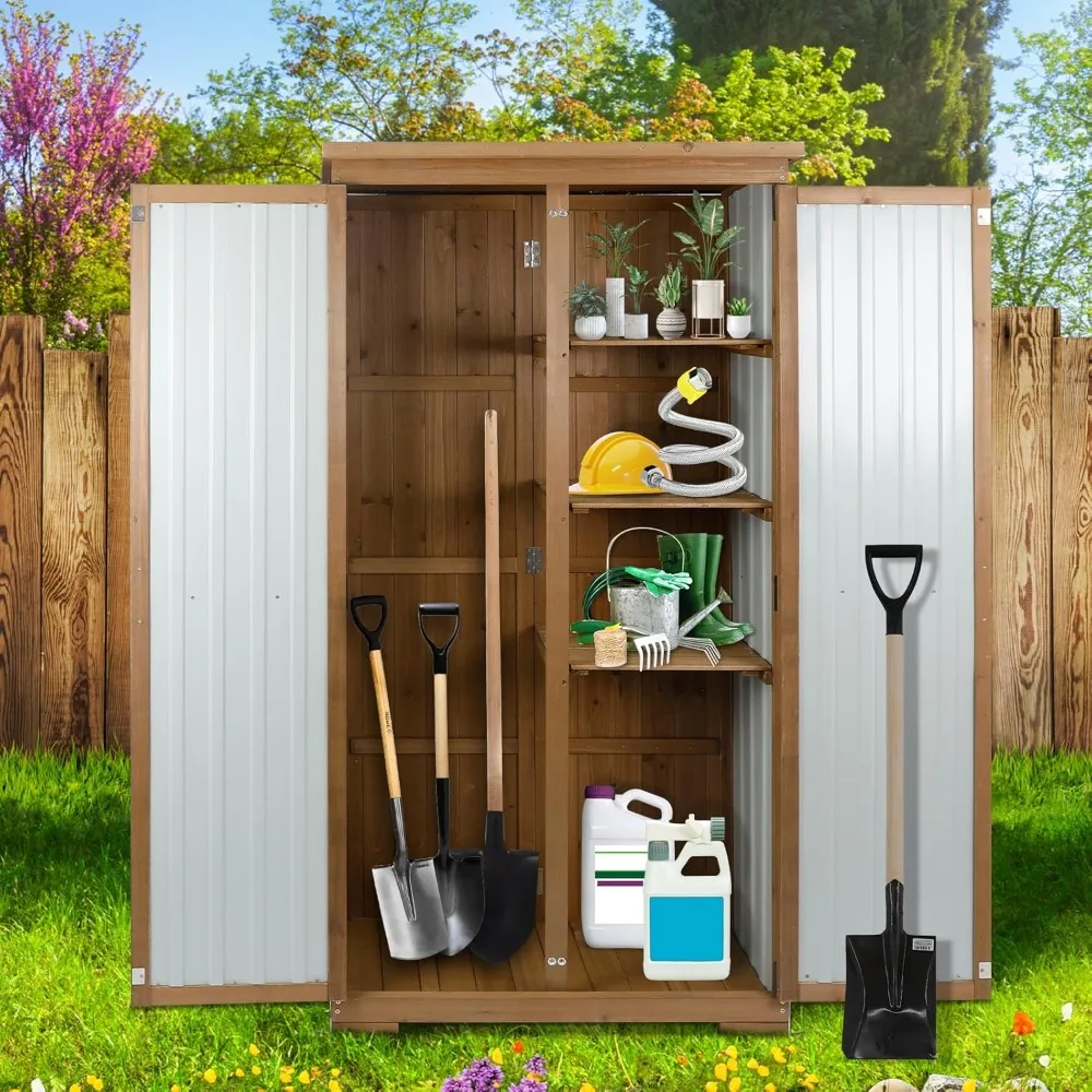 

Outdoor Storage Cabinet, Wood & Metal Tall Tool Shed with Weather-Resistant Roof, Double Lockable Doors, 3 Removable Shelves.