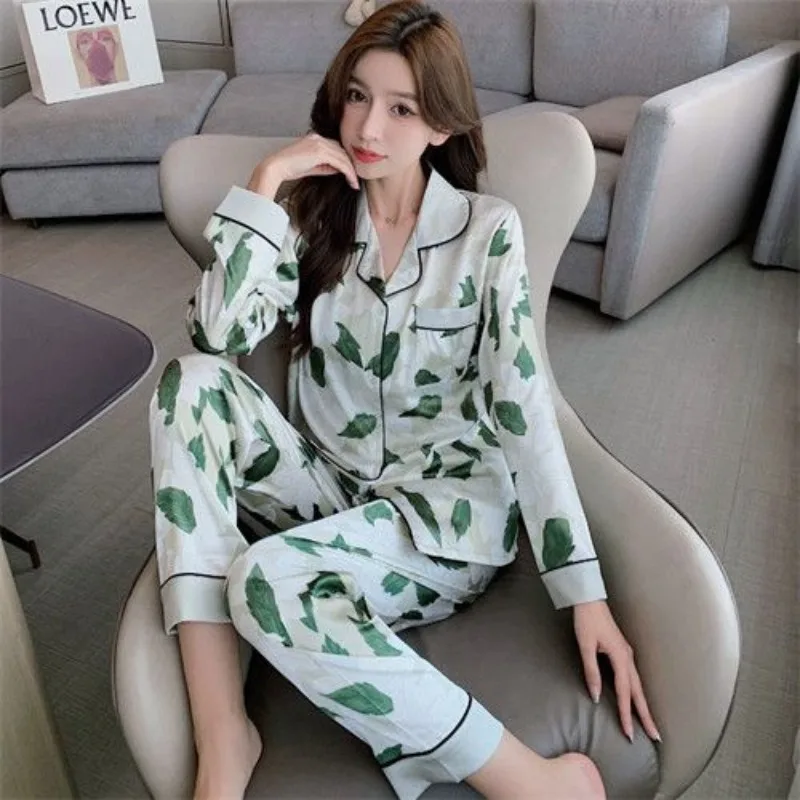 Spring Autumn Ice Silk Pajamas Women Long Sleeve Loose Large Size High-End Loungewear Suit Female Casual Printed Nightclothes