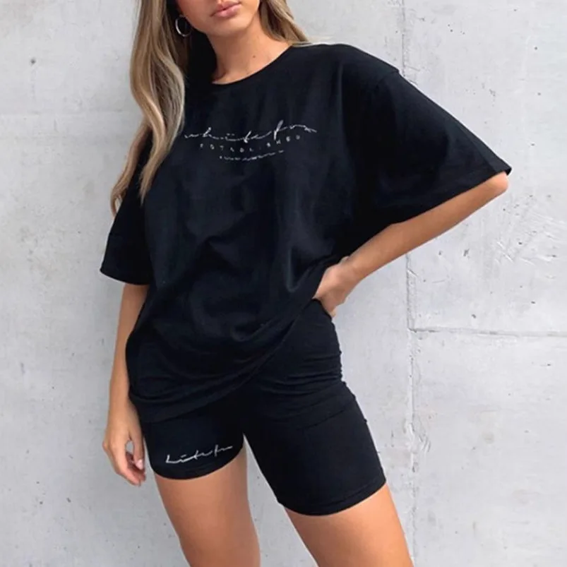 2022 new European and American women's clothing letter printing loose casual T-shirt cross-border sports shorts fashion set