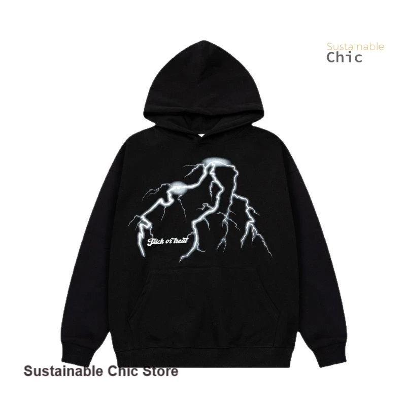 American high street lightning printing simple pattern hooded sweater women's autumn and winter loose trend design casual top