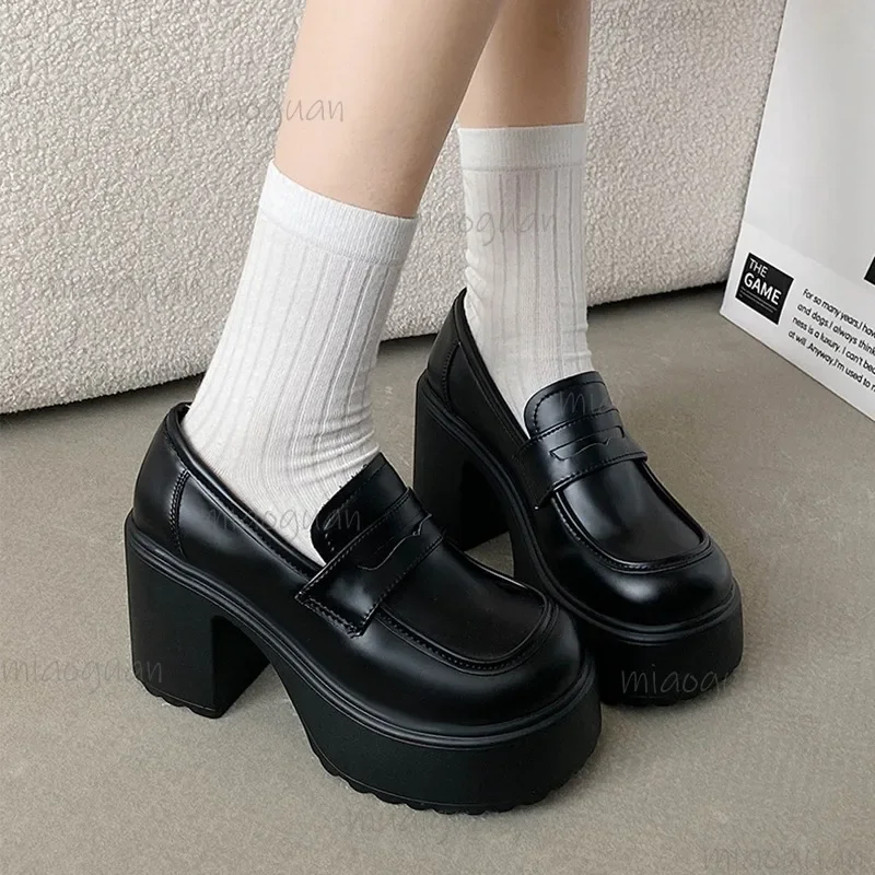 

Women's Loafers 2025 Spring British Style Slip on Platform Mary Jane Shoes 9cm High Heels Woman Japanese Jk Lolita Shoes Women