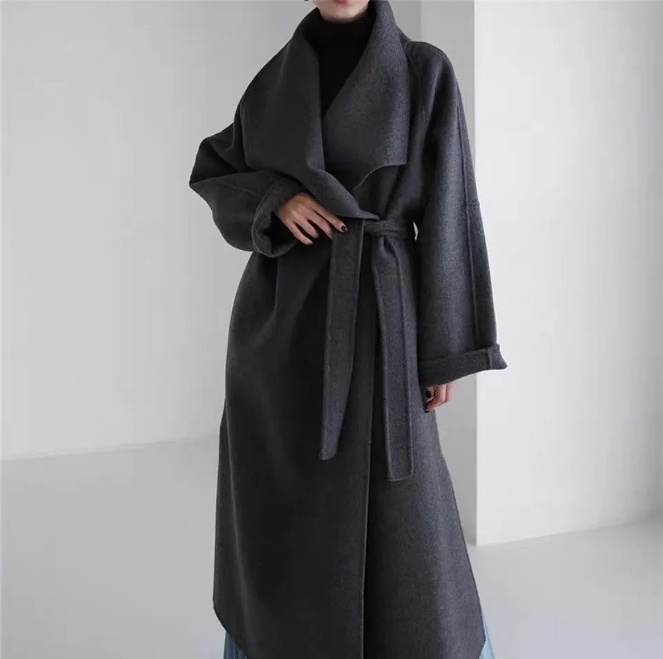 

2025 Wool Autumn and Winter New Coat Women's Long Sleeved Korean Version Loose Large Collar Double-sided Waist Collection Temper
