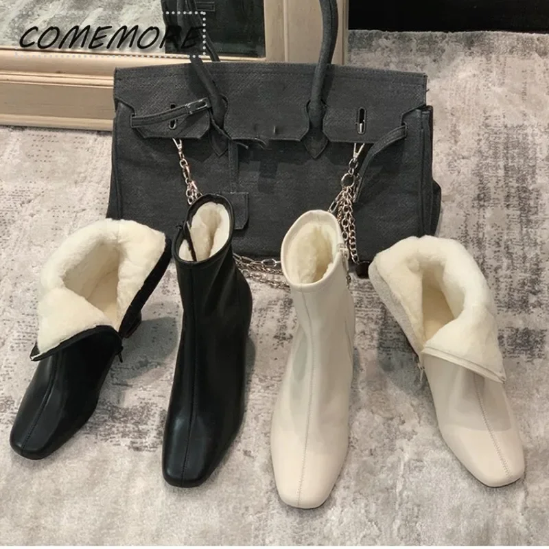 Winter Warm Plush Women Ankle Boots Fashion Zippers Elegant Thick High Heel Shoes Street Style Keep Warm Ladies Short Boot Beige