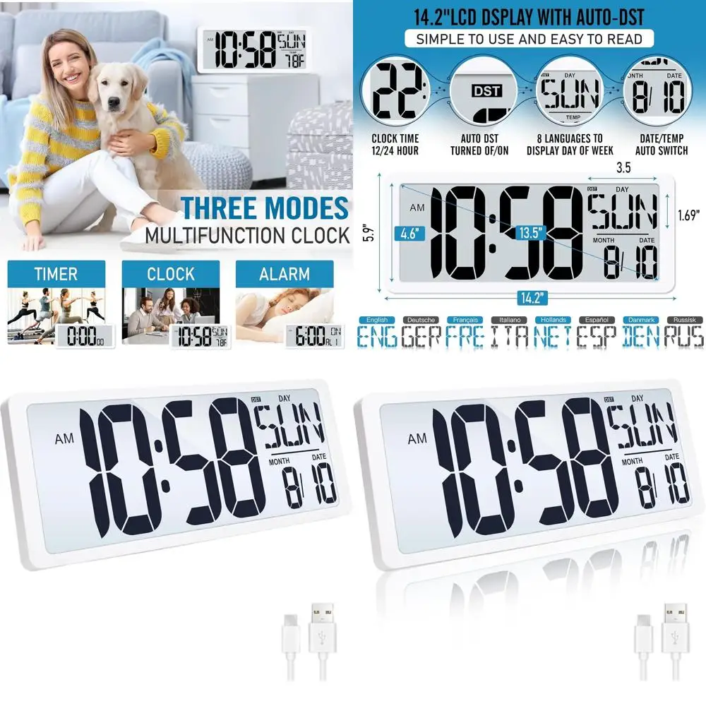 

Большие настенные часы 14,2 дюйма с перезаряжаемой батареей, подсветкой, отображением дня, даты и температуры, идеально подходят для дома и офиса (белые)