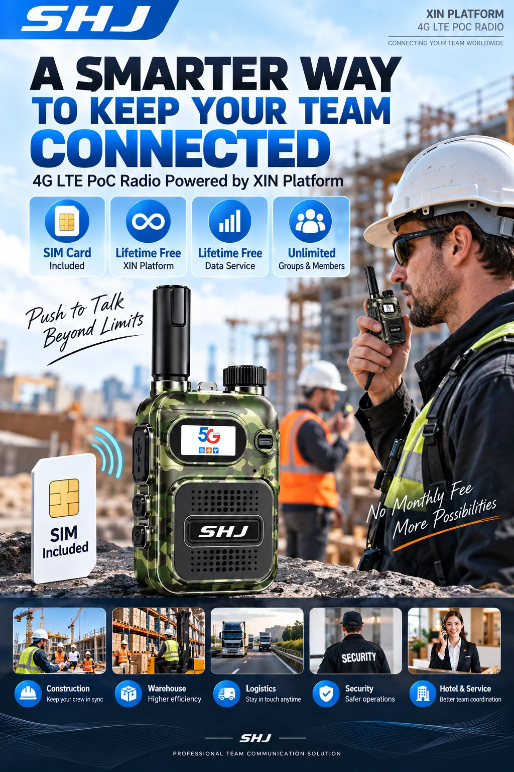 SHJ 4G LTE PoC Radio Global Network Walkie Talkie with SIM Card, Lifetime Free XIN Platform & Data, Group Private Call