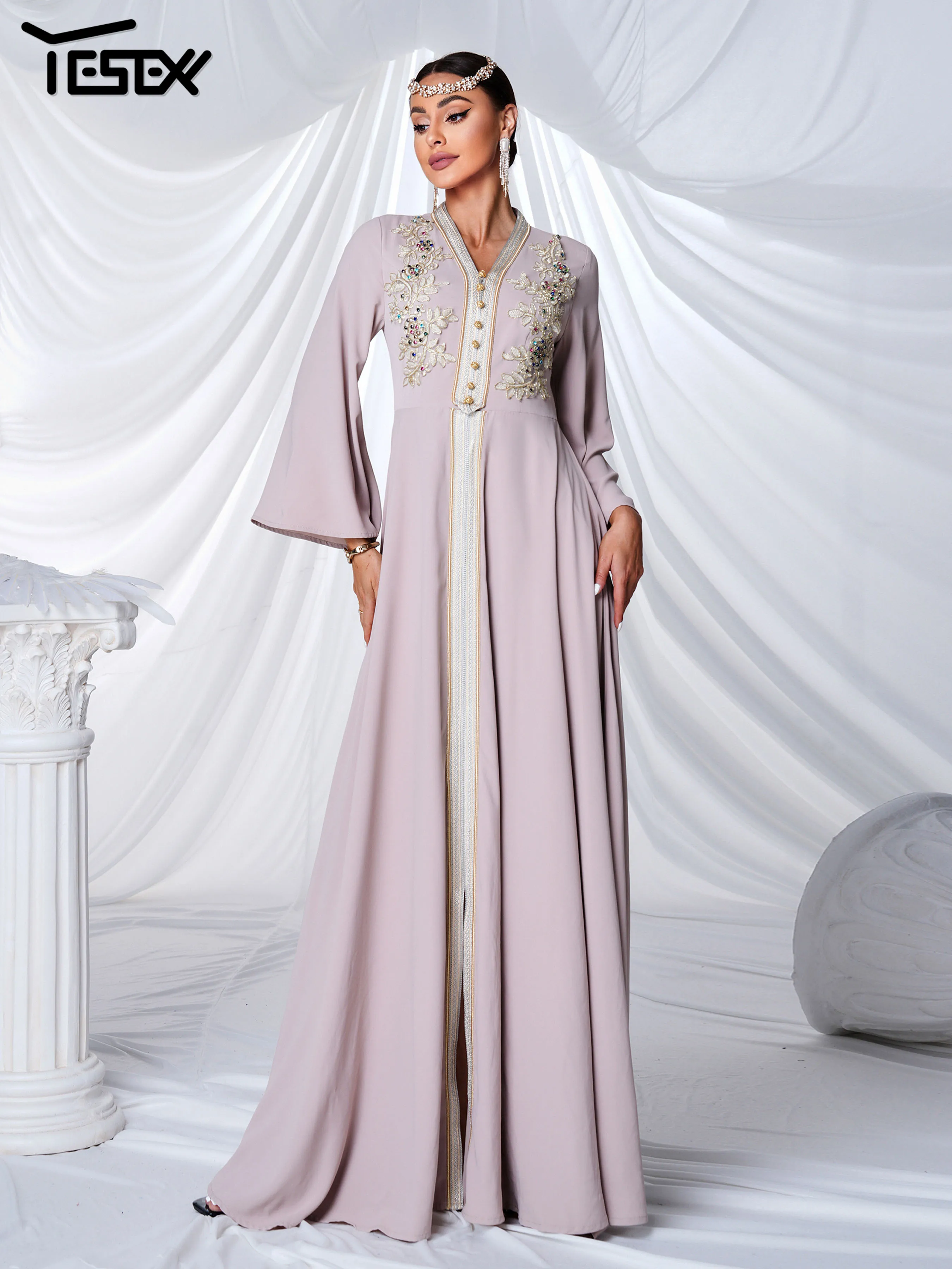 Yesexy Church Dress V Neck Flare Sleeve A Line Luźna muzułmańska sukienka w stylu Bliskiego Wschodu Wesele Urodziny Party