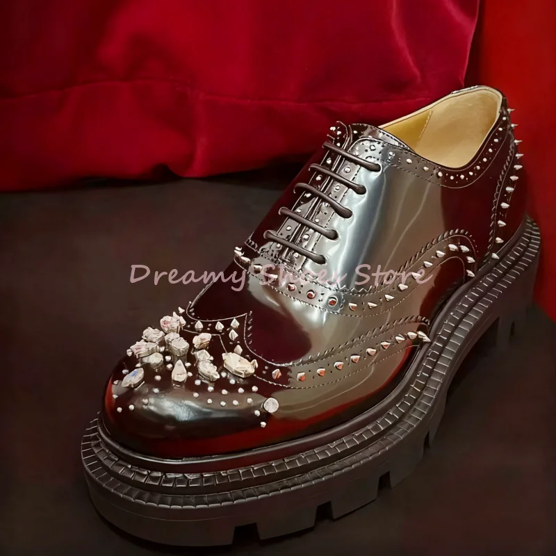 

Shiny Crystal Rivet Platform Leather Oxford Shoes Men Rhinestone Square Toe Lace Up Casual Shoes Luxury Wedding Party Loafers