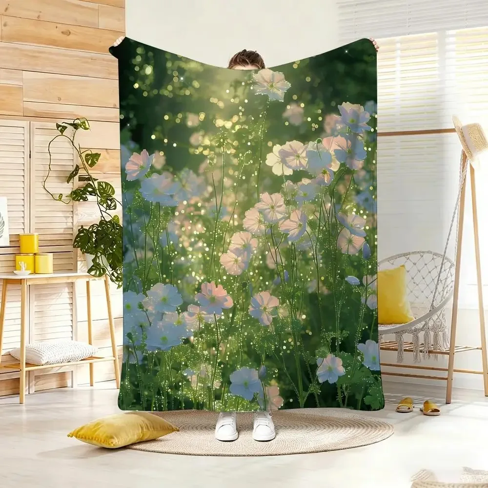 Pastel Wildflower Throw Blanket  Glimmer Green Meadow Floral Nature Scenery Aesthetic Decor for Sofa Bedroom Blanket