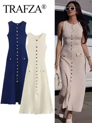 TRAFZA Dress For Women 2024 Knitted Solid Sleeveles O Neck Slim Single Breasted Long Dresses Pockets Chic Elegant Woman Dress