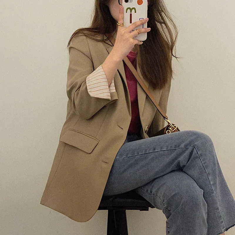 Fashion Striped Cuffs Women's Suit Jacket Loose Back Split Notched Lapel Blazer Elegant Ladies Office Long Sleeve Suit Outerwear