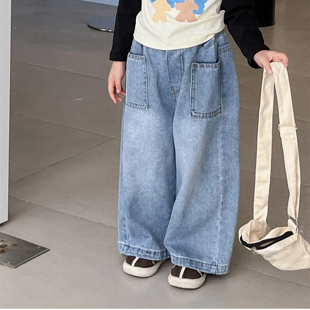 

Spring and Autumn Children's Pocket Wide Leg Jeans Contrast Loose Relaxed Pants for Boys and Girls Jeans Baby Kids Trousers