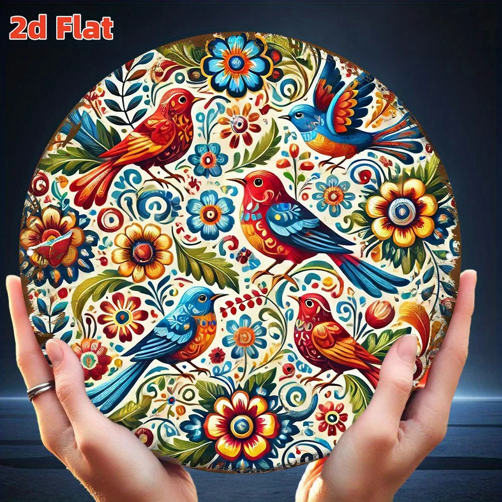 2D Flat - Round Aluminum Wall Decoration Featuring 2D Flat Floral And Bird for Art, Measuring 7.8X7.8 inch. This Vibrant, Colorf