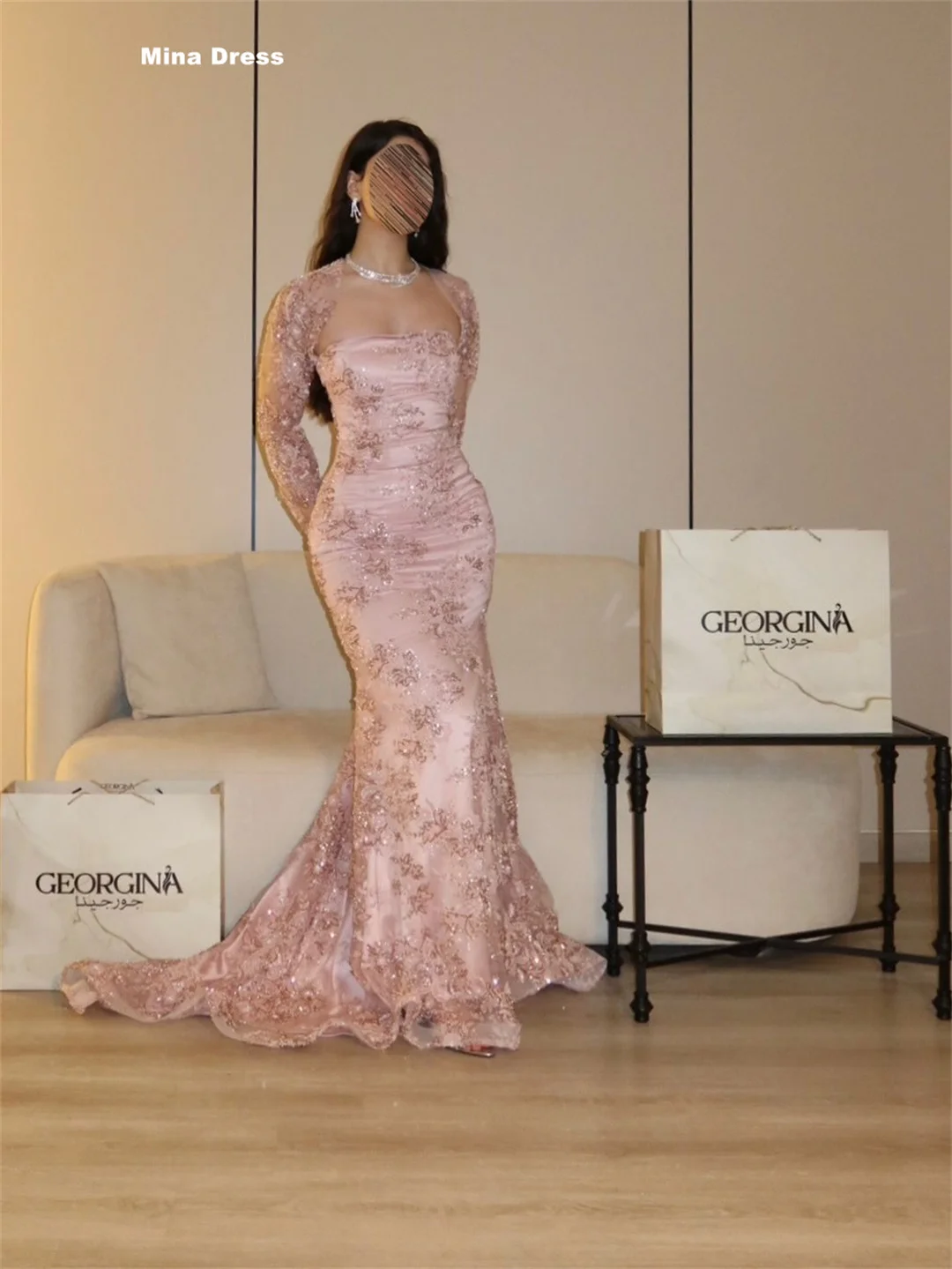 Mina Customized Pink Floral Long Sleeve Fishtail Tail Luxurious Evening Dresses for Special Occasions Party Dresses Luxury 2026
