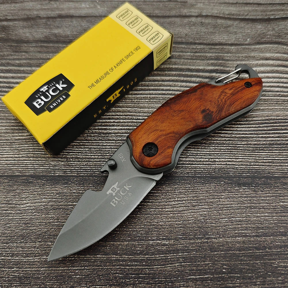 BK X48 Tactical Pocket Knife Wooden Handle 5Cr13Mov Steel Blade Outdoor EDC Folding Kinfe for Camping Hiking Self-denfense