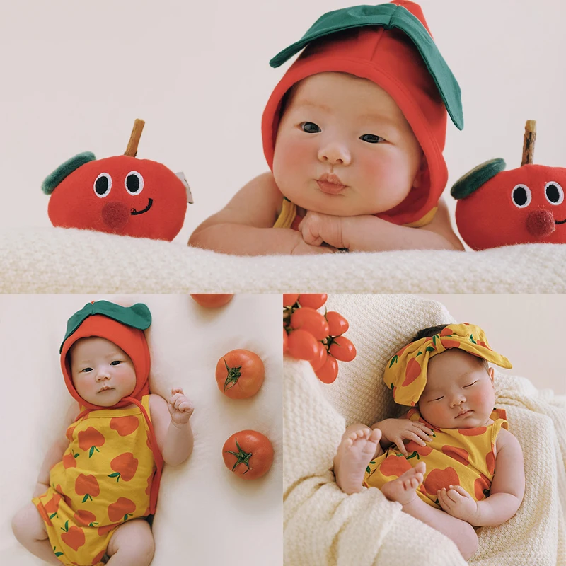 Bebê recém-nascido Fotografia Acessórios Set, Roupas Apple Boneca, Simulado Roupas, Chapéu Engraçado, Arco Headband, Tomates Foto Decoração