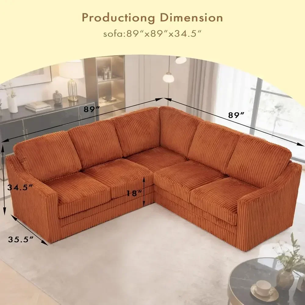 89 High-Density Foam 5-Seat L-Shaped Sectional Sofa with Deep Seating and Comfortable Back Cushions for Living Room, Orange