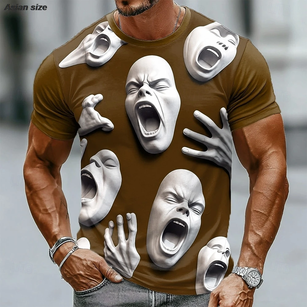 Abstract Screaming Face 3D Print Men T‑Shirt Crew Neck Short Sleeve Fashion Street Tees