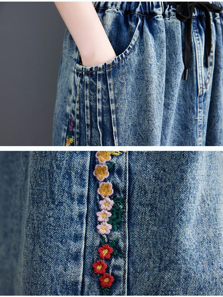 Vintage Embroidery Floral Denim Skirts Women Casual Loose Elastic High Waist A-Line Jeans Midi Skirt Lace-up Jupe Longue Femme