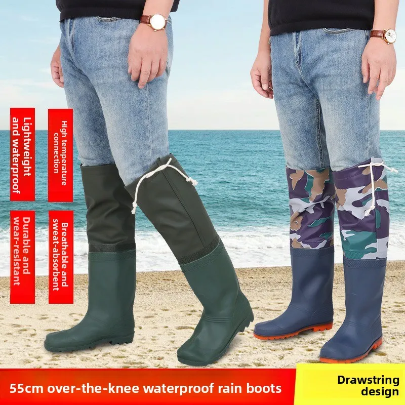 Men's High Waisted Water Boots Thickened Cow Tendon Sole Knee High Rain Boots Long Tube Rain Shoes Women's High Top Rubber Shoes