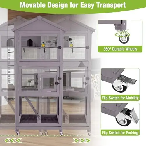 Large Bird Cage Outdoor Wooden Aviary Indoor on Wheels, with Play Stand, Perches, Nest Habitat & Wire Mesh Tray for
