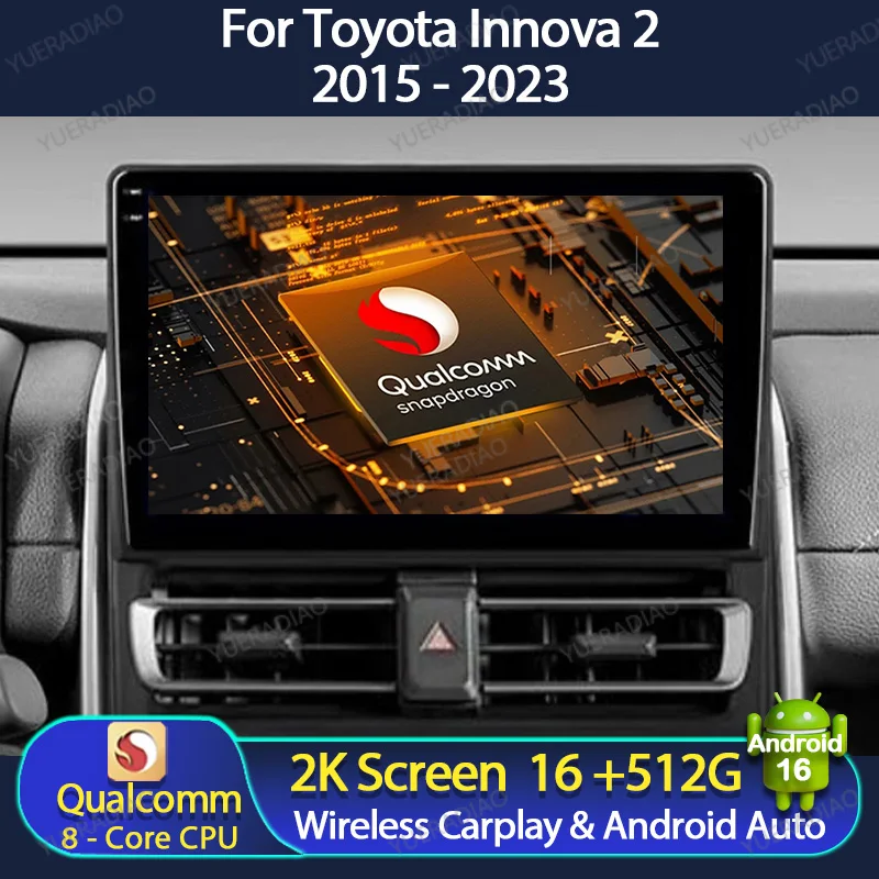Android 16 Car Radio For Toyota Innova 2 2015 - 2023 BT Multimedia Video Player 2K QLED SWC Double Din Carplay Auto Mirror Link