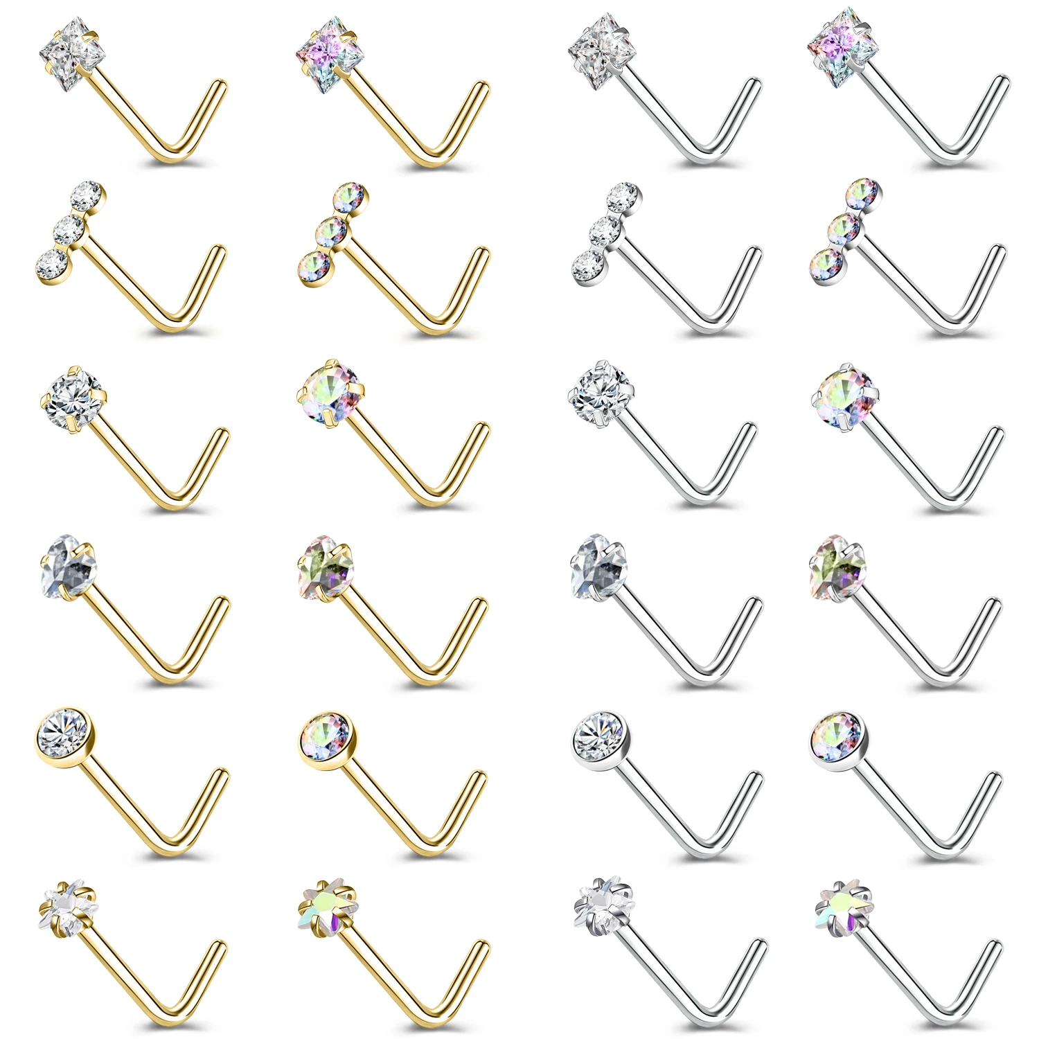 ZS 3-4Pcs/lot Zestaw kolczyków do nosa ze stali nierdzewnej w kolorze złotym Okrągły kryształowy piercing do nosa w kształcie litery L Piercing do nosa 18g/20g