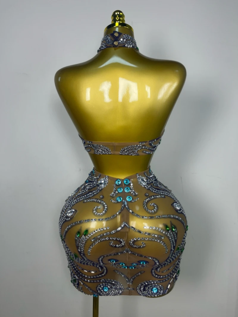 New Women Sexy Print Mesh Sheer Crystal Rhinestones Stage Costume Stage Dancer  Celebrity Night Club Mini Party Dress