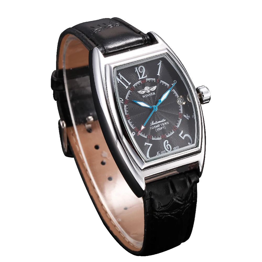 Winner Automatic Male Watch Auto Date Mechanical Old School Tonneau Case Open Heart Leather Strap Retro Vintage Design Mens Gift