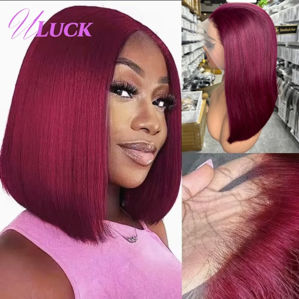 

Uluck Bone Straight Bob Wig Double Drawn Burgundy 99J Colored 13x4 Lace Frontal Wigs Brazilian Real Human Hair Wigs Pre Plucked