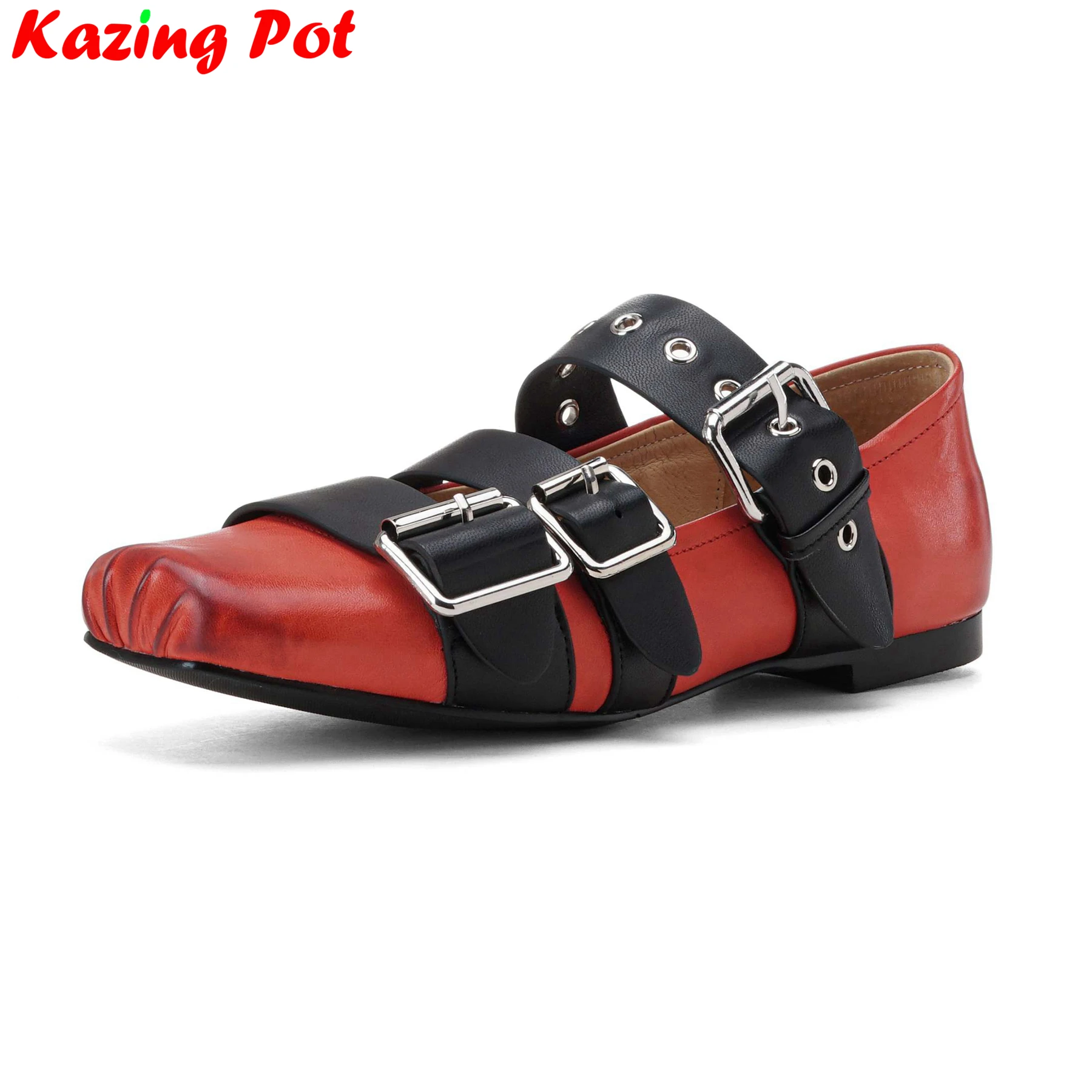 

Krazing Pot Cow Leather Square Toe Spring Summer Modern Dance Shoes Belt Buckle Retro Luxury Comfort Casual Women Ballet Flats