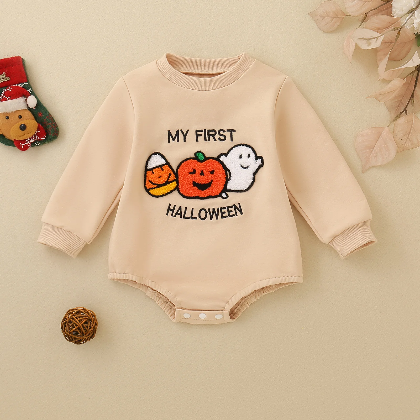 Newborn Baby My First Halloween Bodysuit Solid Long Sleeve Pumpkin Ghost Embroidery Infant Fall Holiday Romper Outfit
