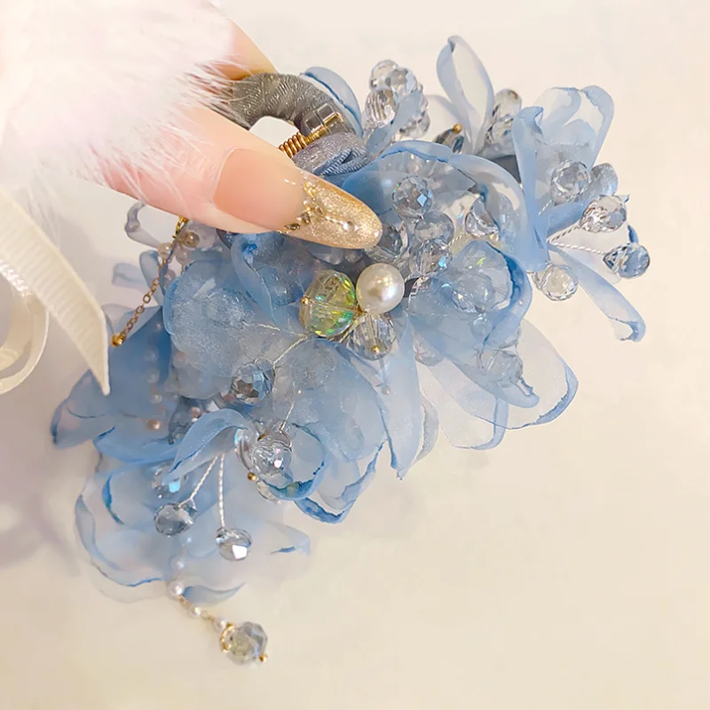 

New Handmade Mesh Flower Hair Claws Headband with Crystal Tassel Chinese Hanfu Hair Clip Hair Accessory Women Shark Clip Hairpi
