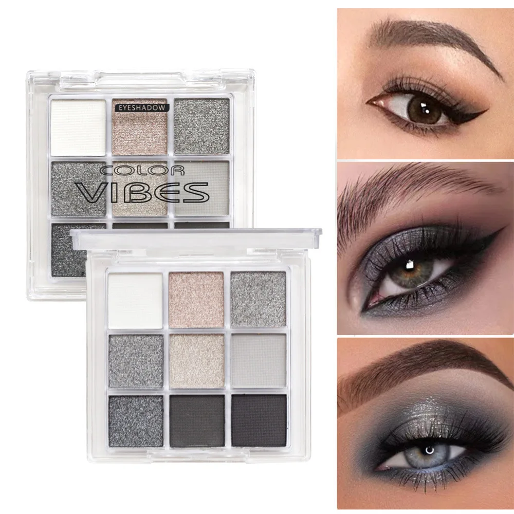9‑Color Smoky Black Grey Eyeshadow Palette, Matte Shimmer Cool Silver Gray Eye Makeup Palette, High Pigment for Punk Party Stage