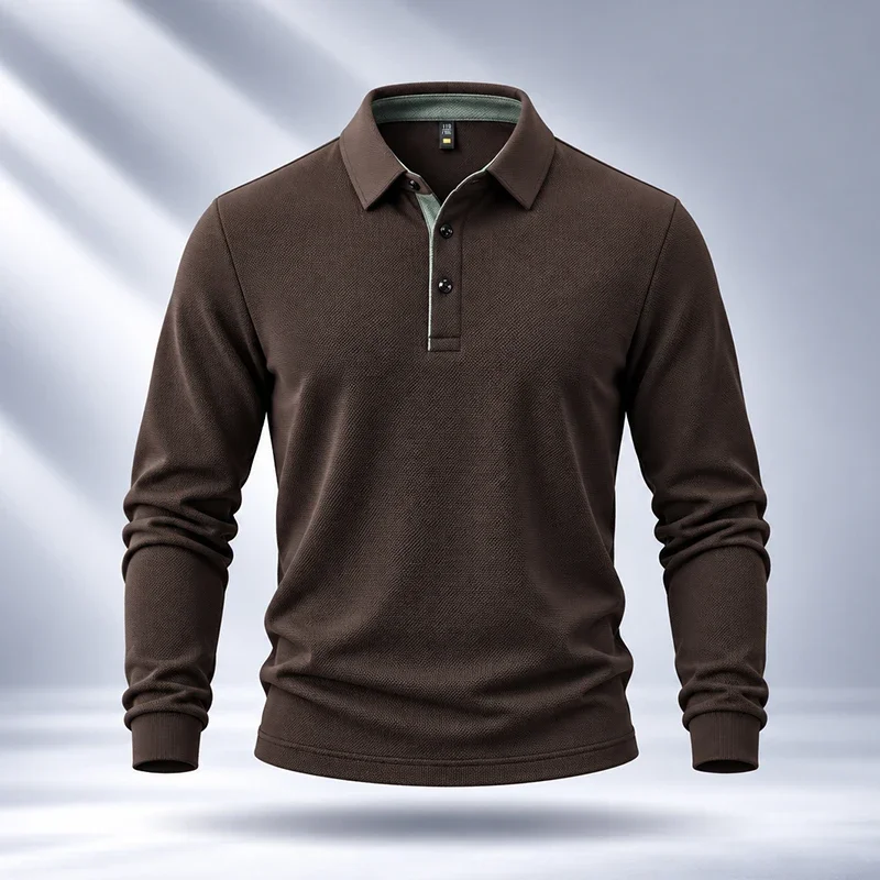 Turn Down Collar Mens Polo Long Sleeve Shirt Fine Workmanship Durable Stitching For Business Travel Activities