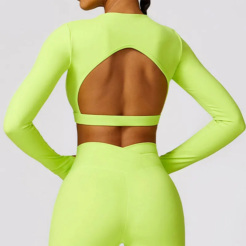 New Sexy Backless Gym Top Women Fitness Crop Yop Quick Dry Sportswear Women Workout Top Long Sleeve Yoga Clothes With chest pads