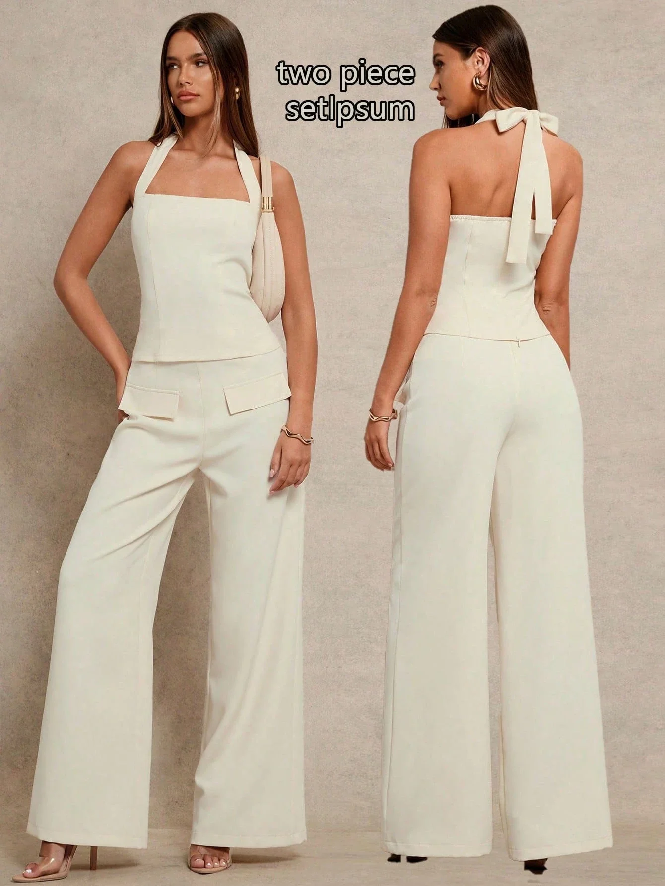 

Halter Tie Wrap Top And Wide Leg Pants 2 Piece Set Solid Color Casual Women Outfit