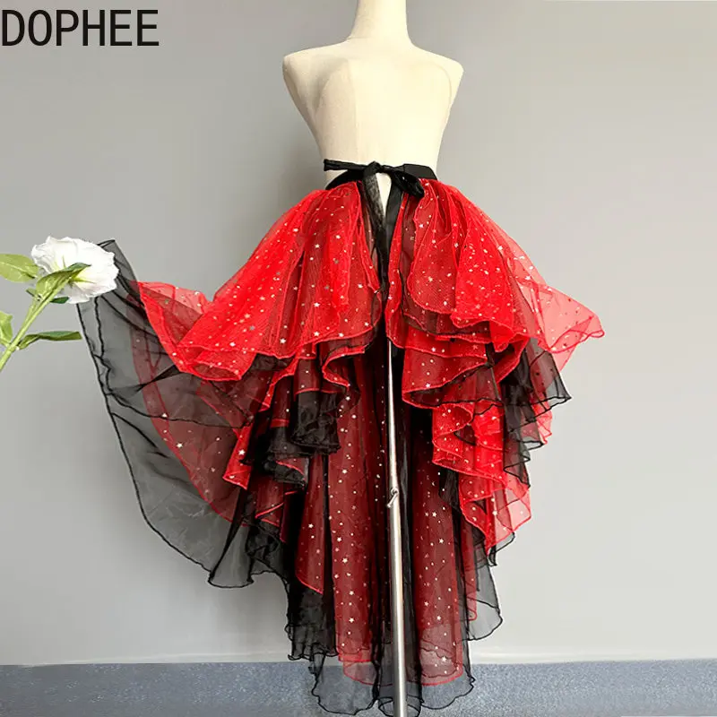 Original New Spring Summer Lace-up Perspective 6 Layers Mesh Skirt Irregular Black Red Colorblock Ultra Long Fairy Puff Skirts