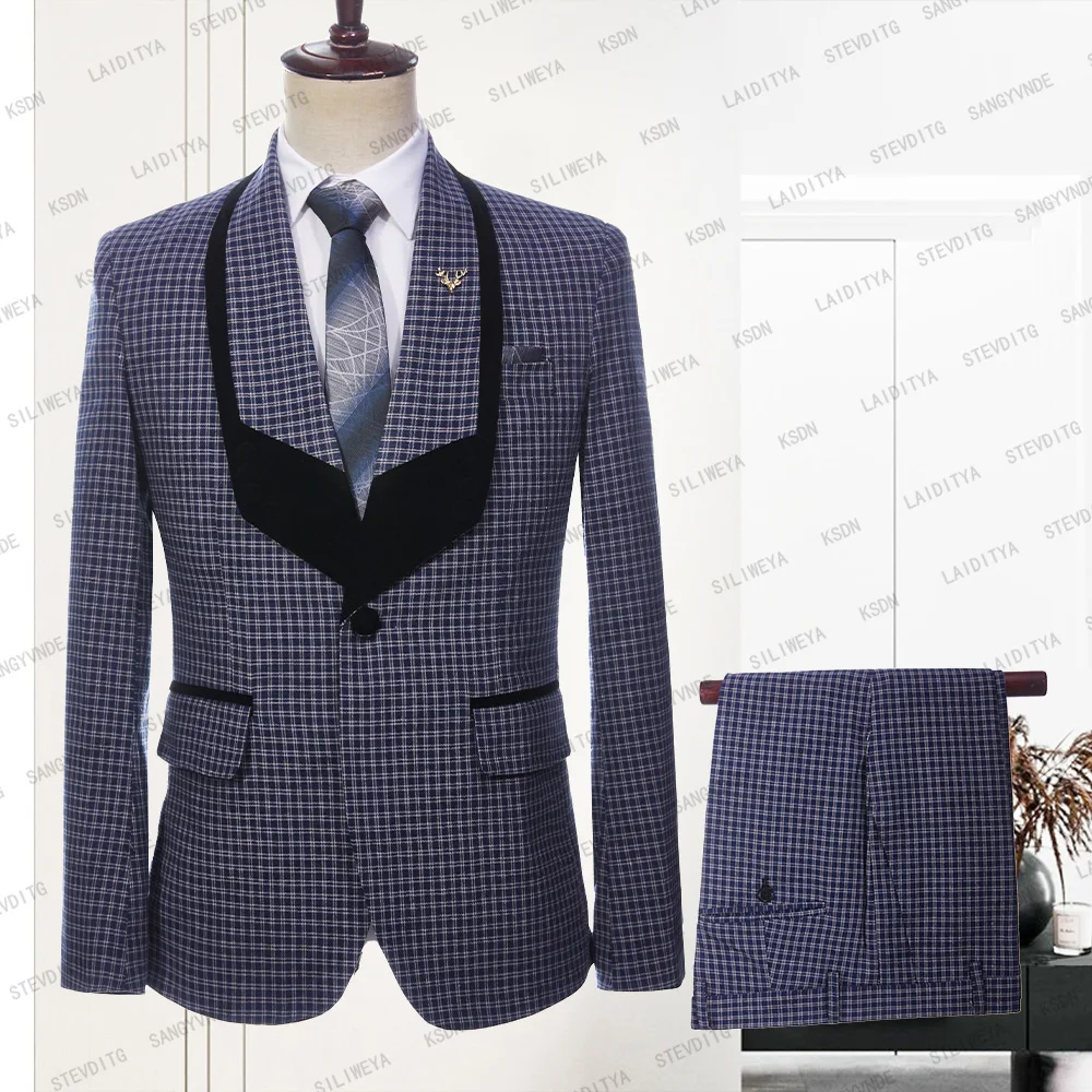 

Navy Blue Plaid Men Suits Slim Fit High-end 2 Pc Shawl Lapel Linen Male Suit Wedding Groom Business Daily Fashion Blazer Pants