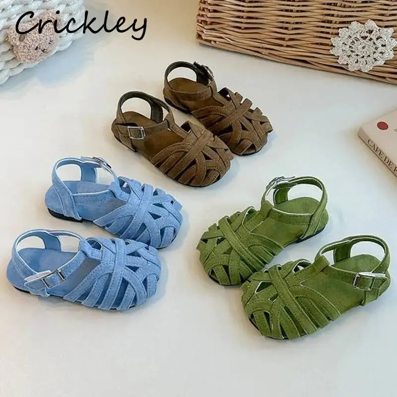 

Solid Suede PU Girls Gladiator Shoes 2026 Summer Closed Toe Hook Loop Kids Sandals Anti Slip Soft Children Princess Sandals