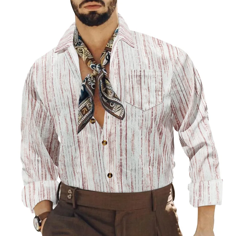 Spring new American men's retro casual tie-dye striped pocket long-sleeved shirt men