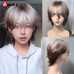 Aosiwig Korte Rechte Cosplay Mannen Jongen Feest Rood Zwart Geel Synthetisch Hittebestendig Haar Pruiken Mannen Ademende Pruik