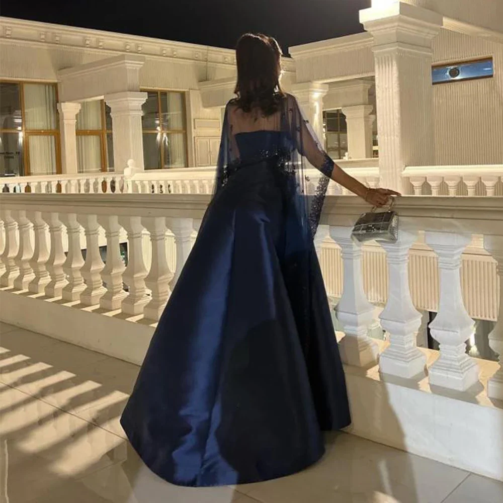 Navy Blue Strapless Evening Dress Classic Satin with Applique Tulle Shawl Women A-Line Floor Length Customized Formal Gown