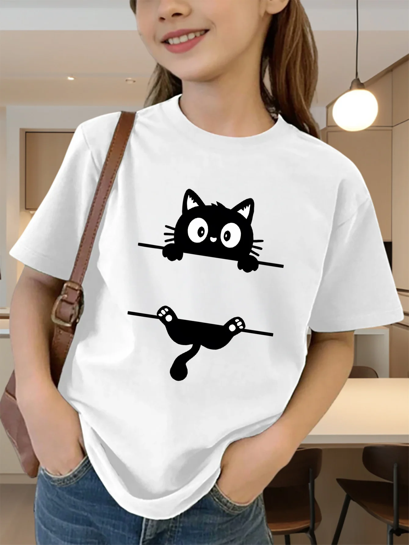 Cute Hanging Black Cat Cartoon Print Graphic Kids Tee Boys Girls Family Matching Cotton Crew Neck Short Sleeve Soft Summer Tee