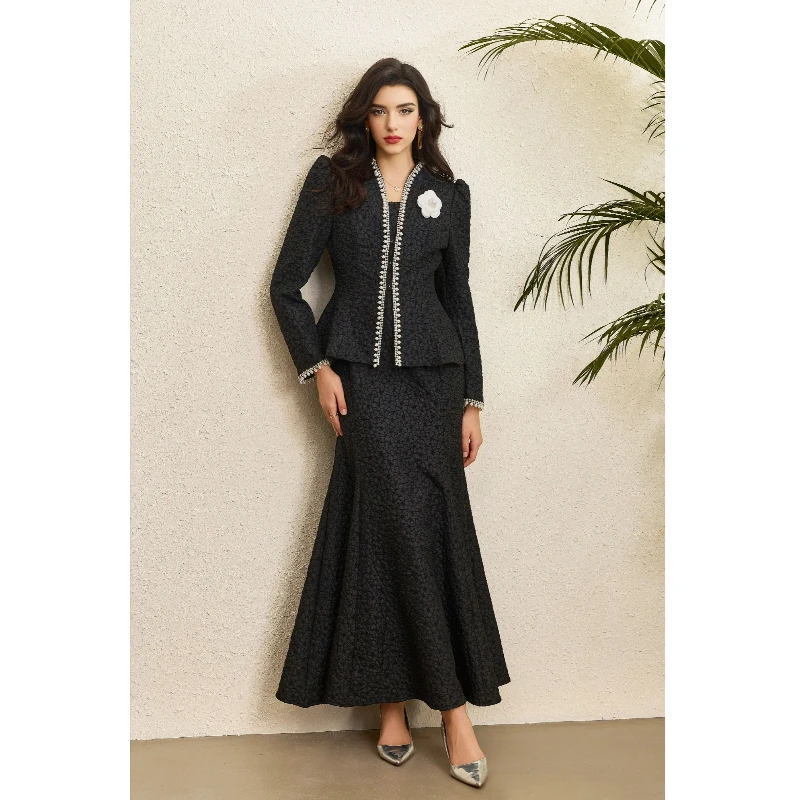 

Luxury Tweed Style Two Piece Matching Suit Women Crystal 3D Applique Slim Peplum Jacket Sleeveless High Waist Mermaid Dress
