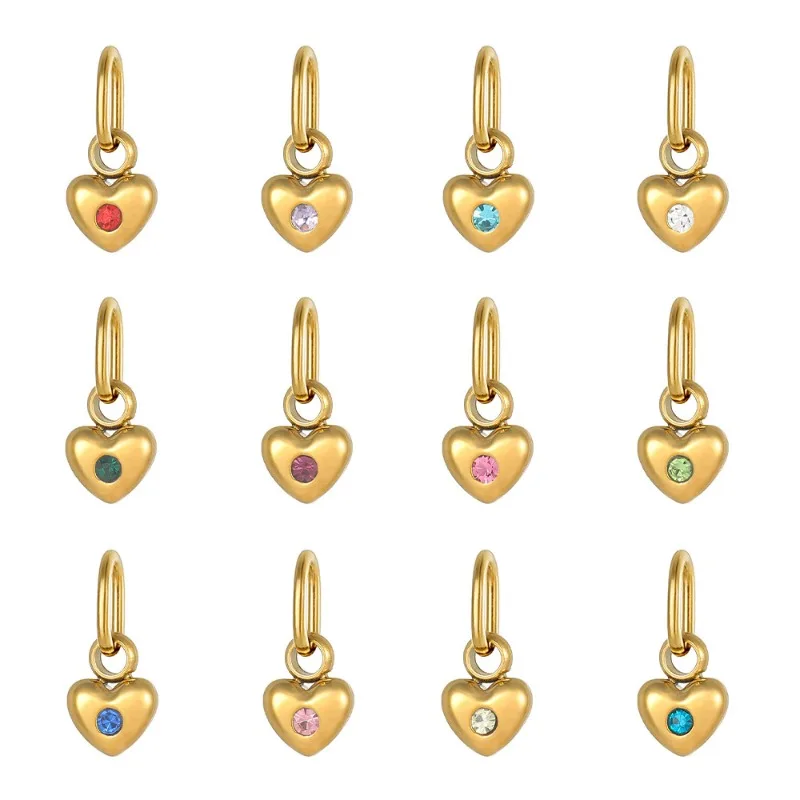 Stainless Steel Mini Heart Charms Gold Plated Inlaid CZ Crystal Tiny Heart Pendants Birthstone DIY Jewelry Making Supplies ****